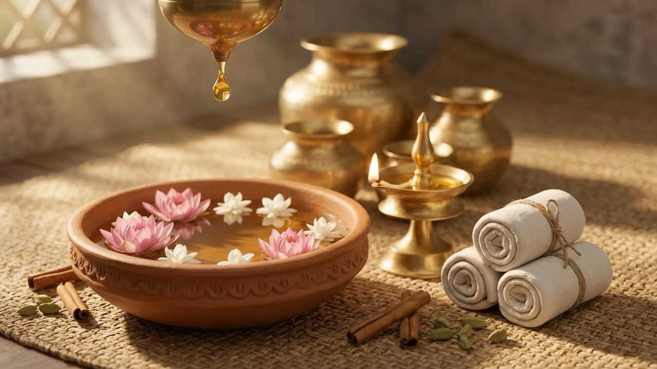 Shirodhara oil drip into a bowl of lotus and jasmine
